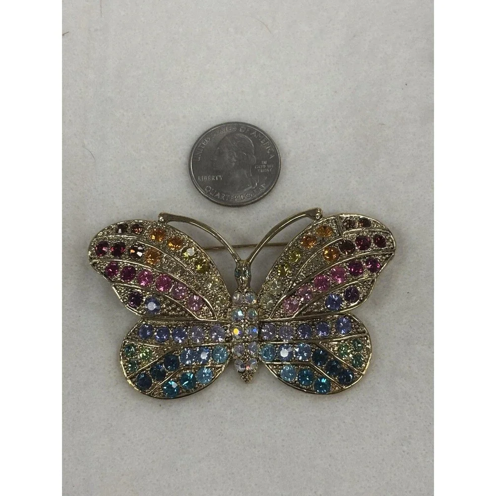 Kirk’s Folly Rainbow Butterfly Brooch Pin AB Rhinestones Gold Tone Large